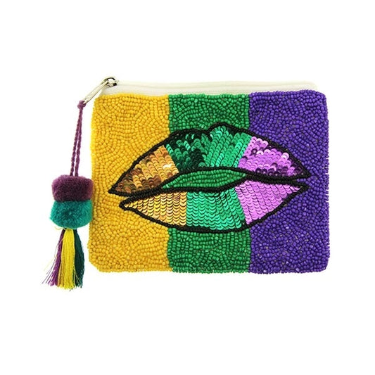 Mardi Gras Lips Seed Bead Coin Purse