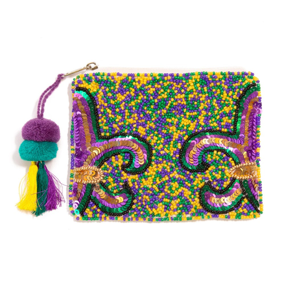 Fleur De Lis Mardi Gras Seed Bead Coin Purse